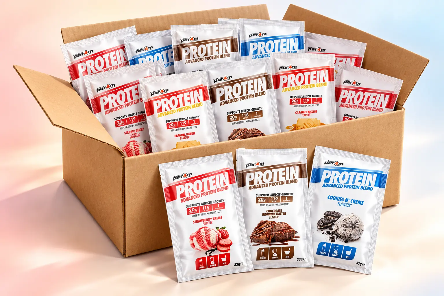 An illustrative open plain cardboard box filled with assorted Per4m protein sachets